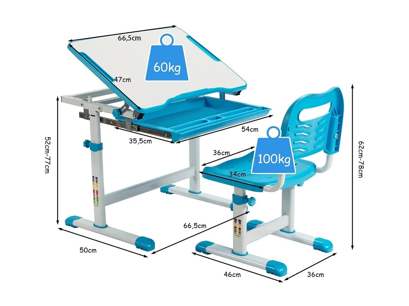 Höhenverstellbares Kinderschreibtisch Set mit Neigbarer Tischplatte & Schublade Blau
