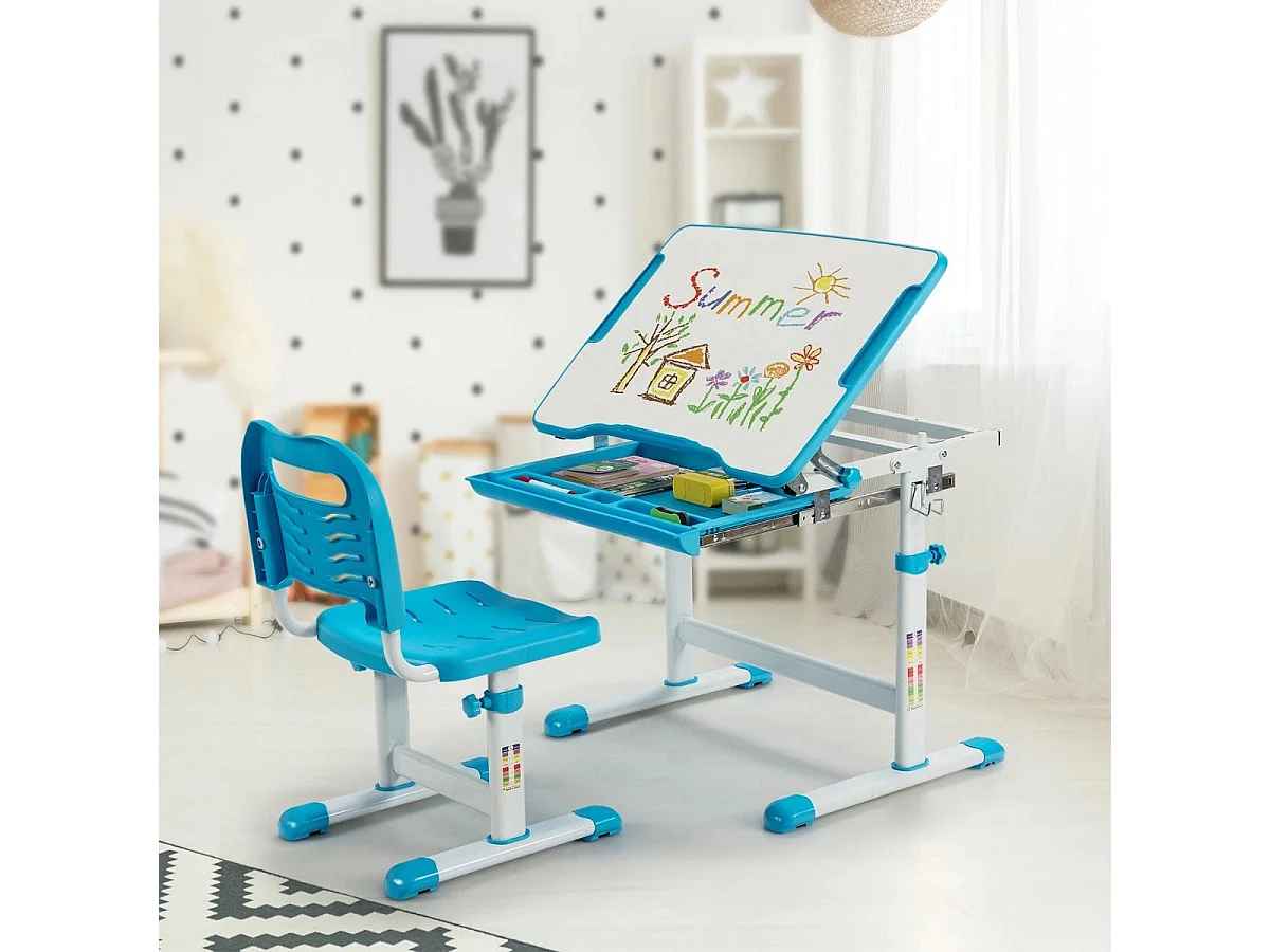 Höhenverstellbares Kinderschreibtisch Set mit Neigbarer Tischplatte & Schublade Blau
