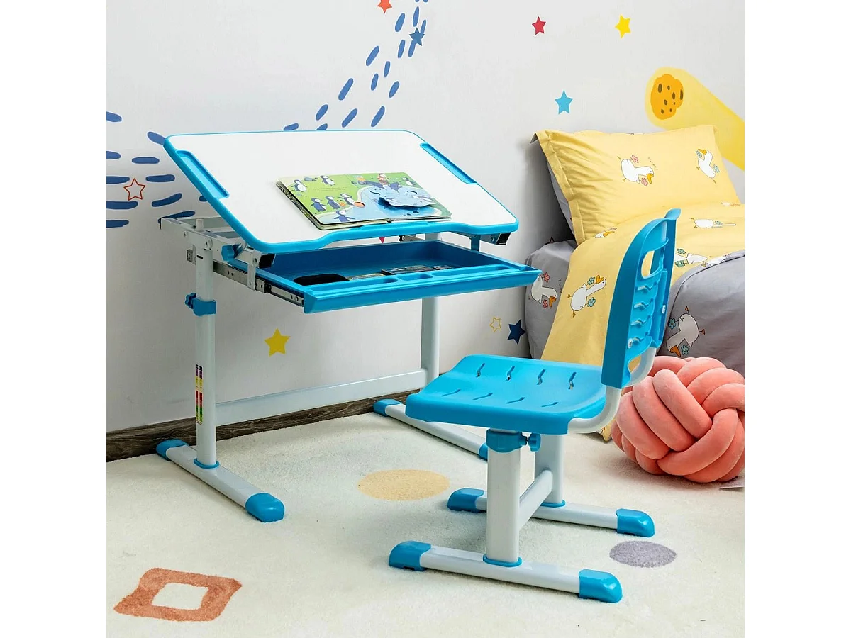 Höhenverstellbares Kinderschreibtisch Set mit Neigbarer Tischplatte & Schublade Blau