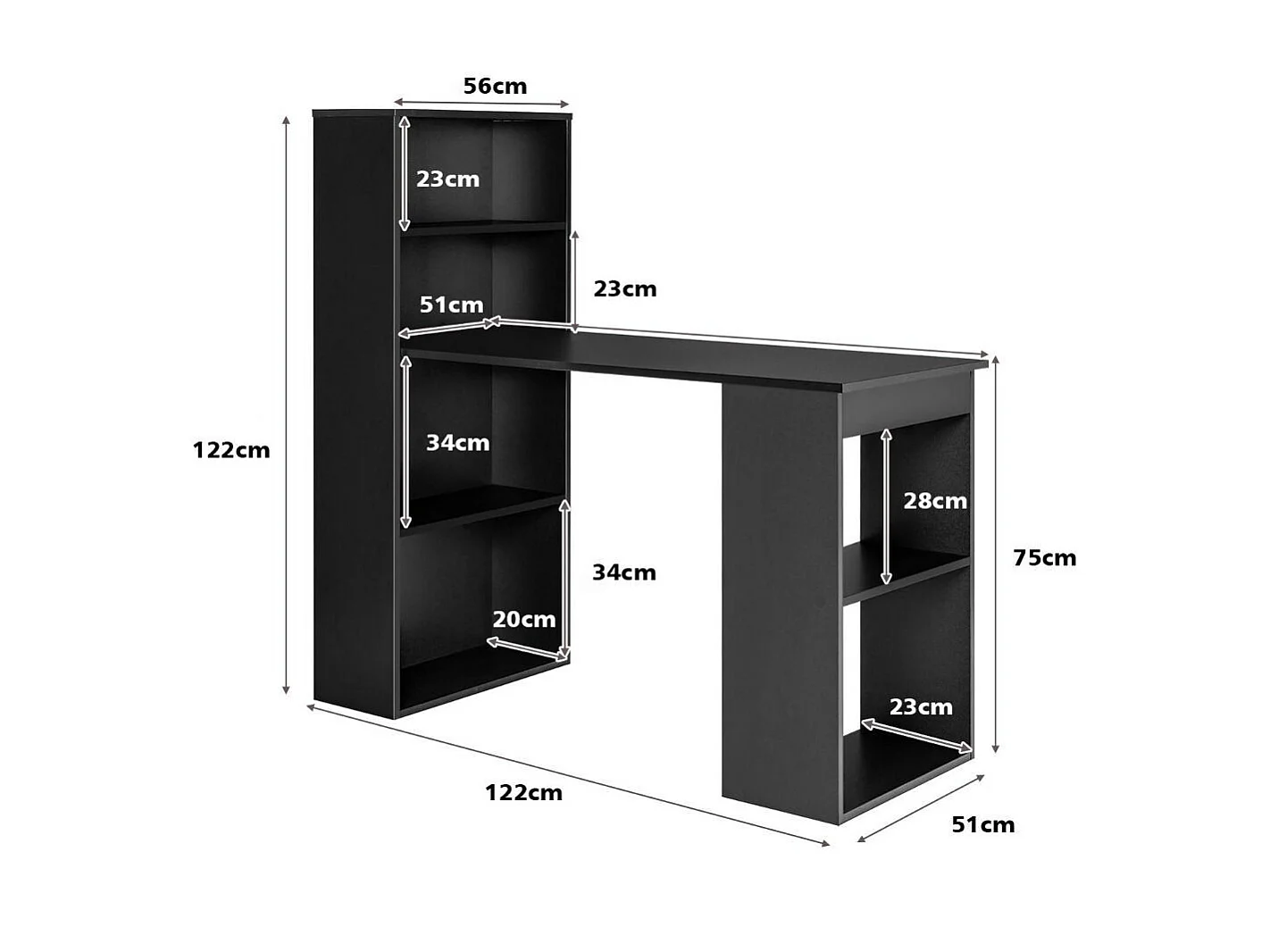 Schreibtisch mit Bücherregal Computertisch mit 6 Regalen PC-Tisch mit Regal Bürotisch Schwarz