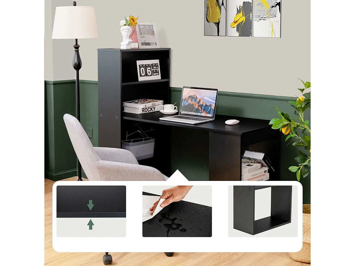 Schreibtisch mit Bücherregal Computertisch mit 6 Regalen PC-Tisch mit Regal Bürotisch Schwarz