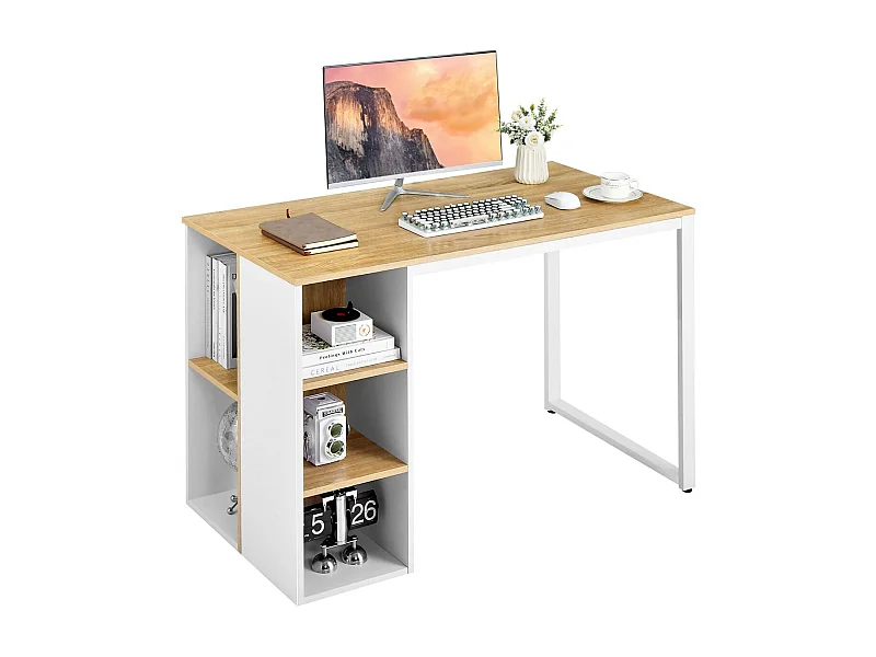 Bureau d'Ordinateur avec Bibliothèque Bureau Informatique avec 5 Compartiments Cadre en Métal Table d'Ordinateur 115 x 59,5 x 75 cm Naturel