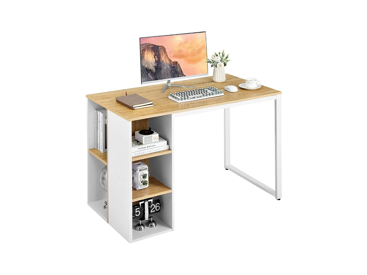 Scrivania per computer con 5 ripiani e struttura in metallo, Scrivania da ufficio per PC portatile Naturale