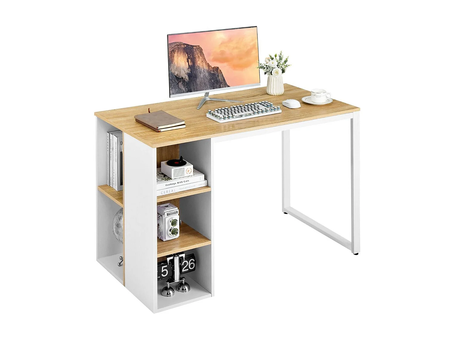 Bureau d'Ordinateur avec Bibliothèque Bureau Informatique avec 5 Compartiments Cadre en Métal Table d'Ordinateur 115 x 59,5 x 75 cm Naturel