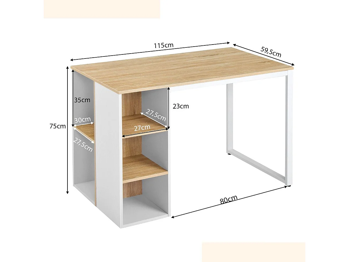 Bureau d'Ordinateur avec Bibliothèque Bureau Informatique avec 5 Compartiments Cadre en Métal Table d'Ordinateur 115 x 59,5 x 75 cm Naturel