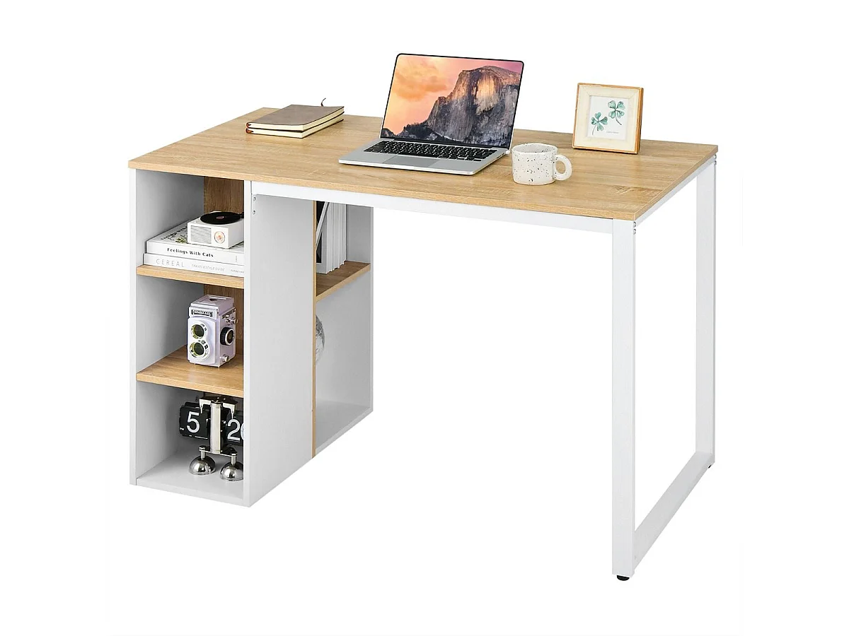 Bureau d'Ordinateur avec Bibliothèque Bureau Informatique avec 5 Compartiments Cadre en Métal Table d'Ordinateur 115 x 59,5 x 75 cm Naturel