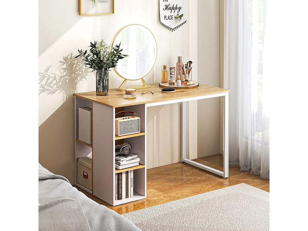 Bureau d'Ordinateur avec Bibliothèque Bureau Informatique avec 5 Compartiments Cadre en Métal Table d'Ordinateur 115 x 59,5 x 75 cm Naturel