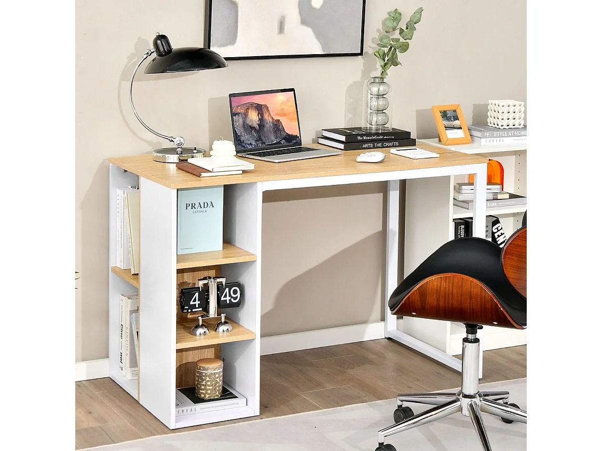 Bureau d'Ordinateur avec Bibliothèque Bureau Informatique avec 5 Compartiments Cadre en Métal Table d'Ordinateur 115 x 59,5 x 75 cm Naturel