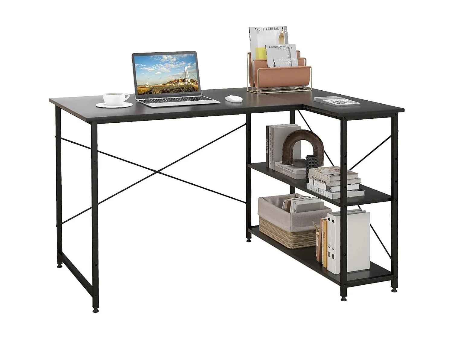 L-Form Schreibtisch Eck-Computertisch mit Ablagefächern Bürotisch 120 x 88 x 74,5 cm Schwarz