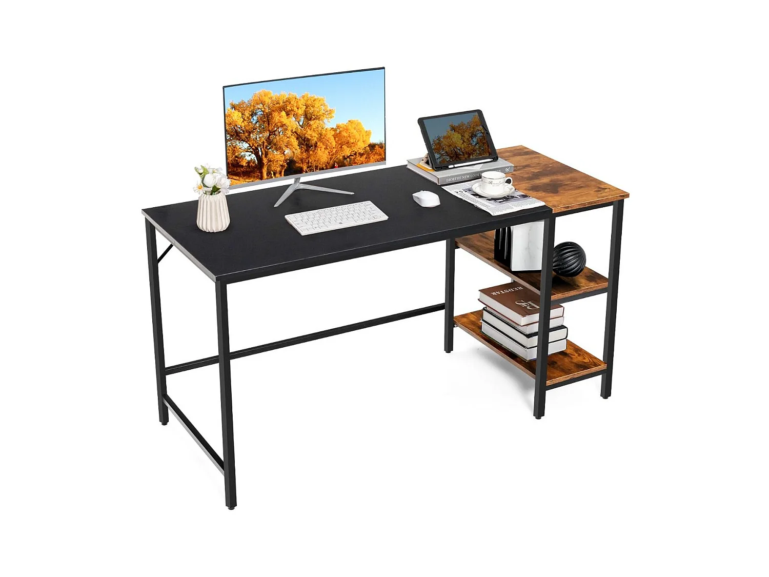 Bureau d'Ordinateur 140cm à Domicile avec Étagères de Rangement Noir