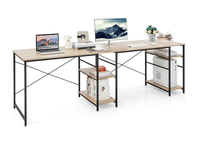 Bureau d'Angle 151 x 151 x 75 CM Ajustable à Bureau Droit 4 Etagère de Rangement Grand Table pour 2 Personnes Naturel