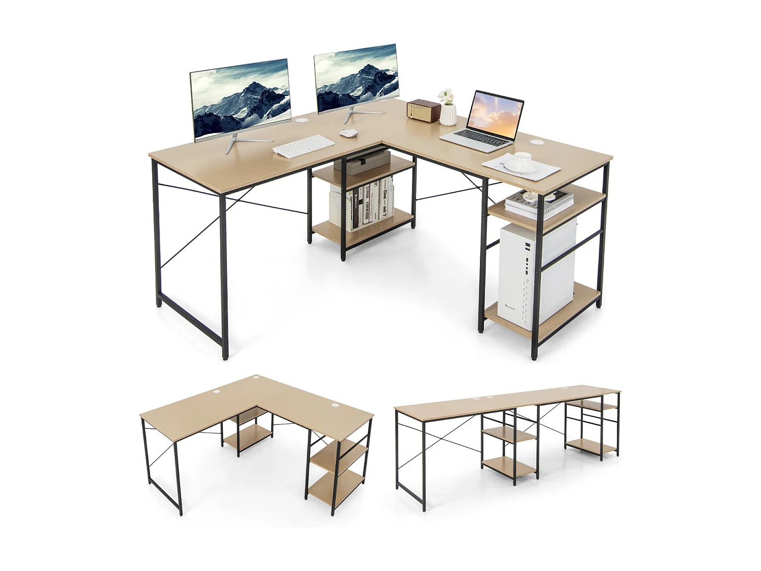 Großer L-förmiger Computertisch mit 4 Ablagefächern für 2 Personen mit CPU-Ständer Natur