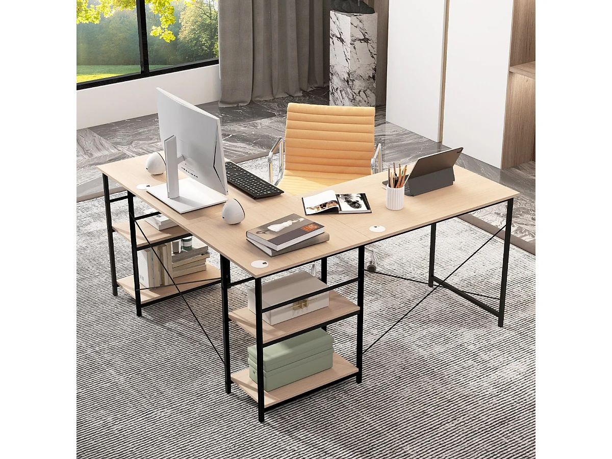 Großer L-förmiger Computertisch mit 4 Ablagefächern für 2 Personen mit CPU-Ständer Natur