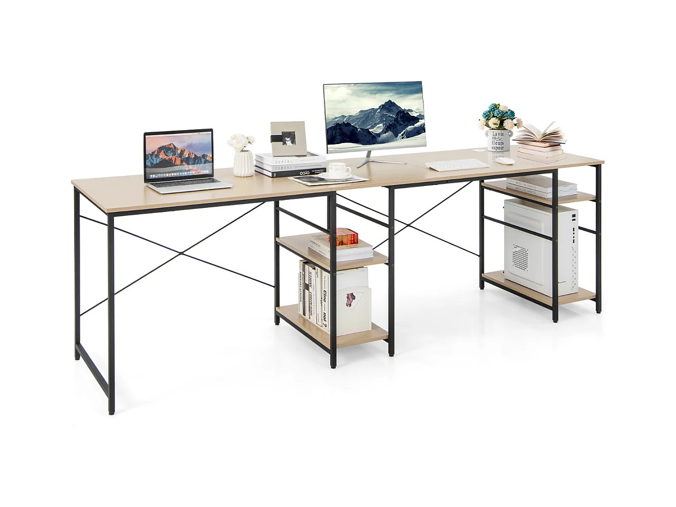 Bureau d'Angle 151 x 151 x 75 CM Ajustable à Bureau Droit 4 Etagère de Rangement Grand Table pour 2 Personnes Naturel