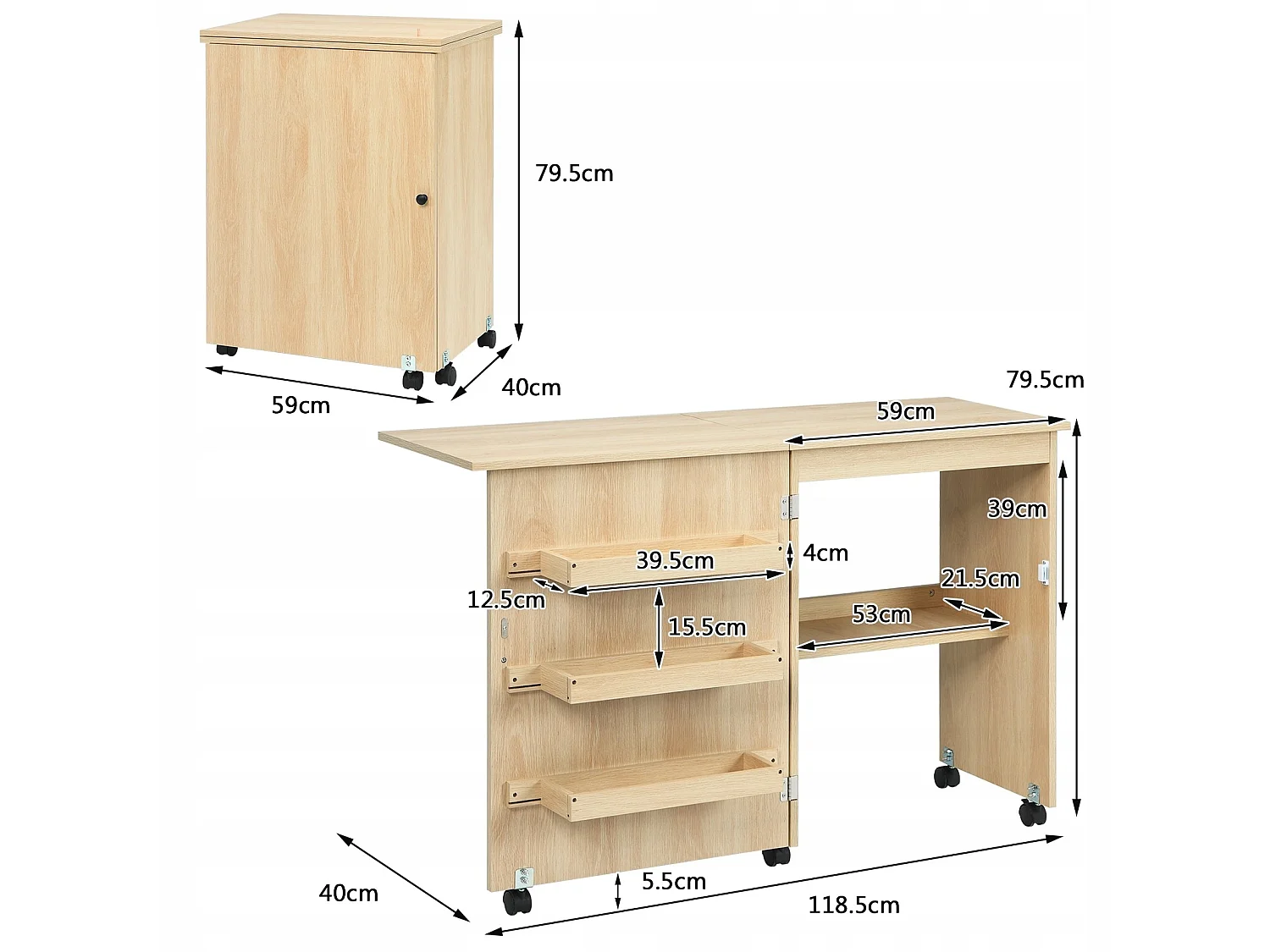 Bureau pliant et meuble de rangement 2 en 1 : commode