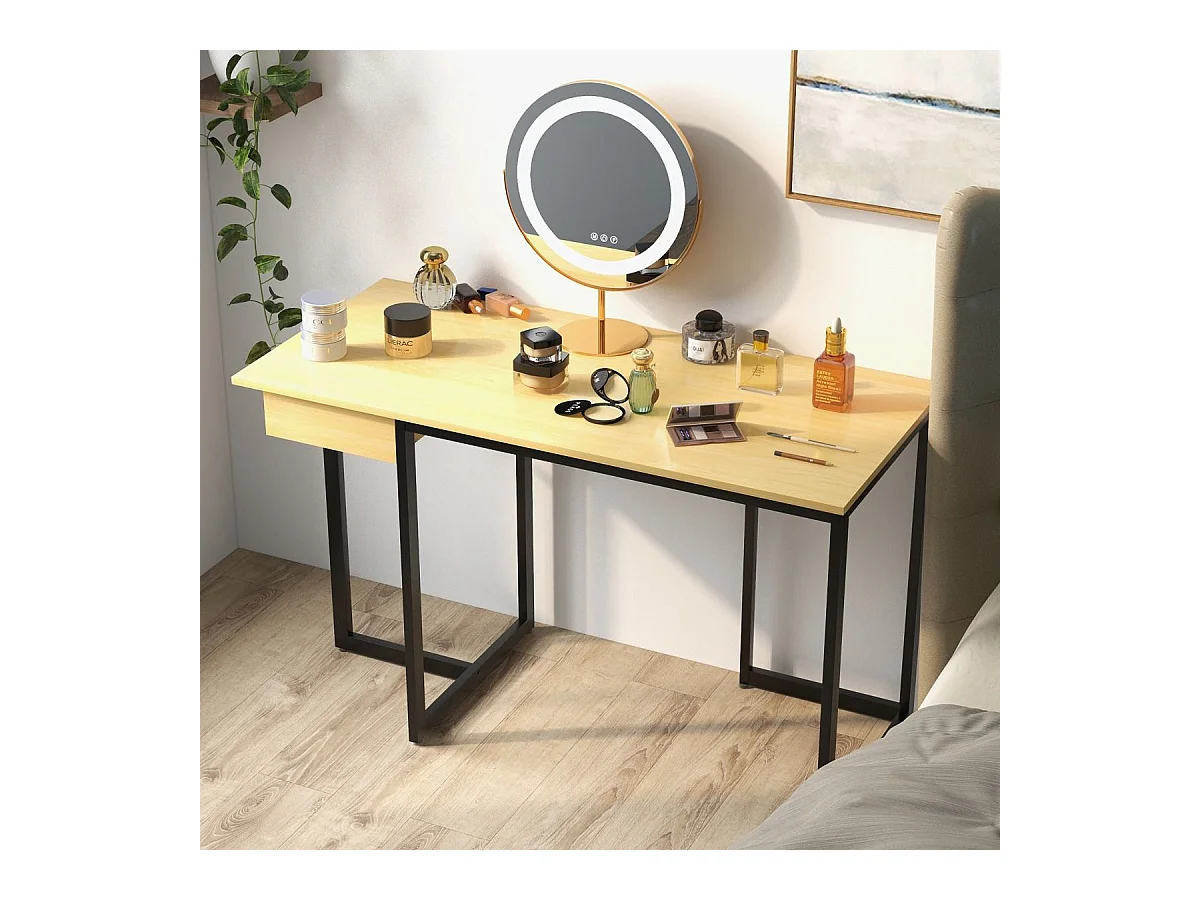 Scrivania per computer 120cm con cassetto, Scrivania per ufficio con struttura in metallo piedini regolabili Naturale
