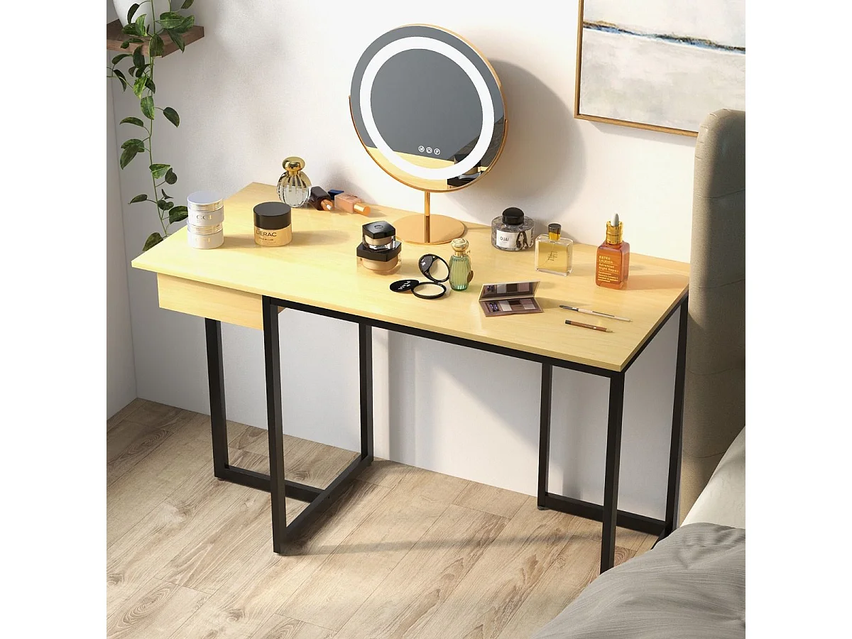 Scrivania per computer 120cm con cassetto, Scrivania per ufficio con struttura in metallo piedini regolabili Naturale