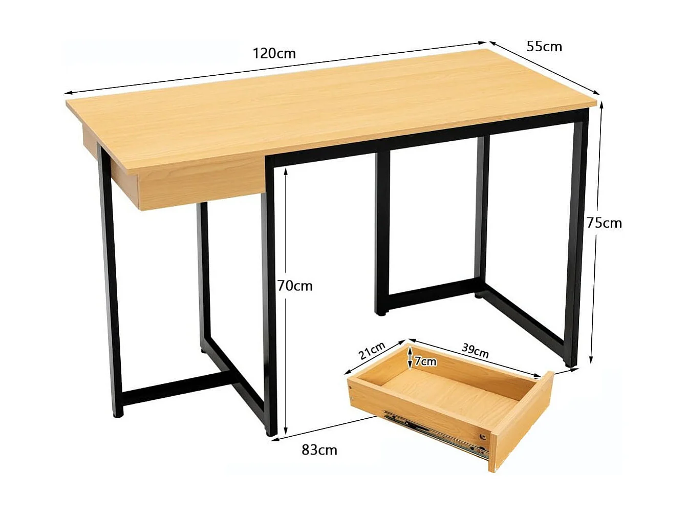 Scrivania per computer 120cm con cassetto, Scrivania per ufficio con struttura in metallo piedini regolabili Naturale