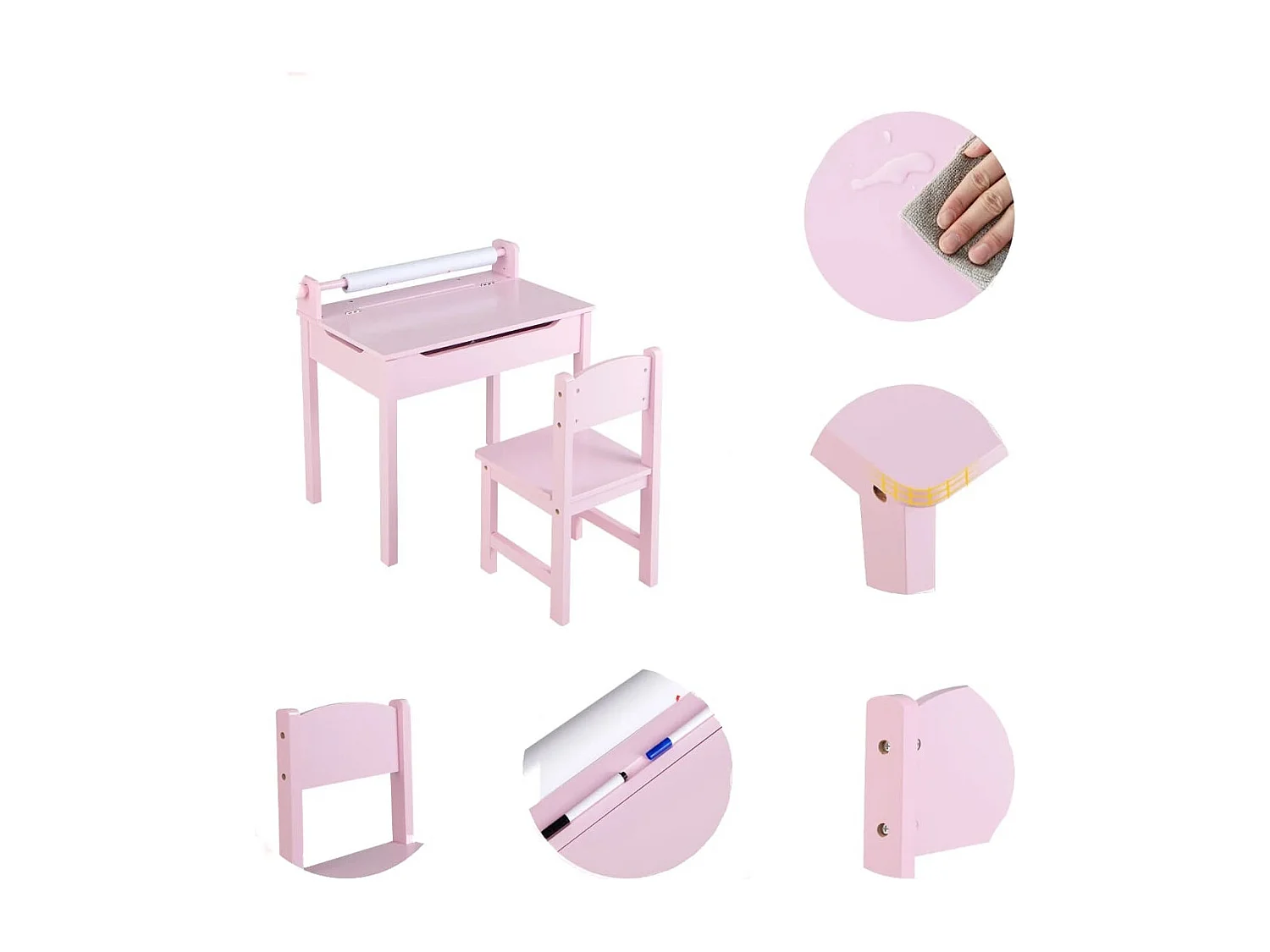 Tavolo per bambini con sedia vano portaoggetti e portarotolo per disegnare giocare, Set di tavolino con sedia Rosa