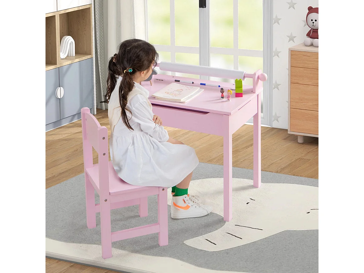 Tavolo per bambini con sedia vano portaoggetti e portarotolo per disegnare giocare, Set di tavolino con sedia Rosa