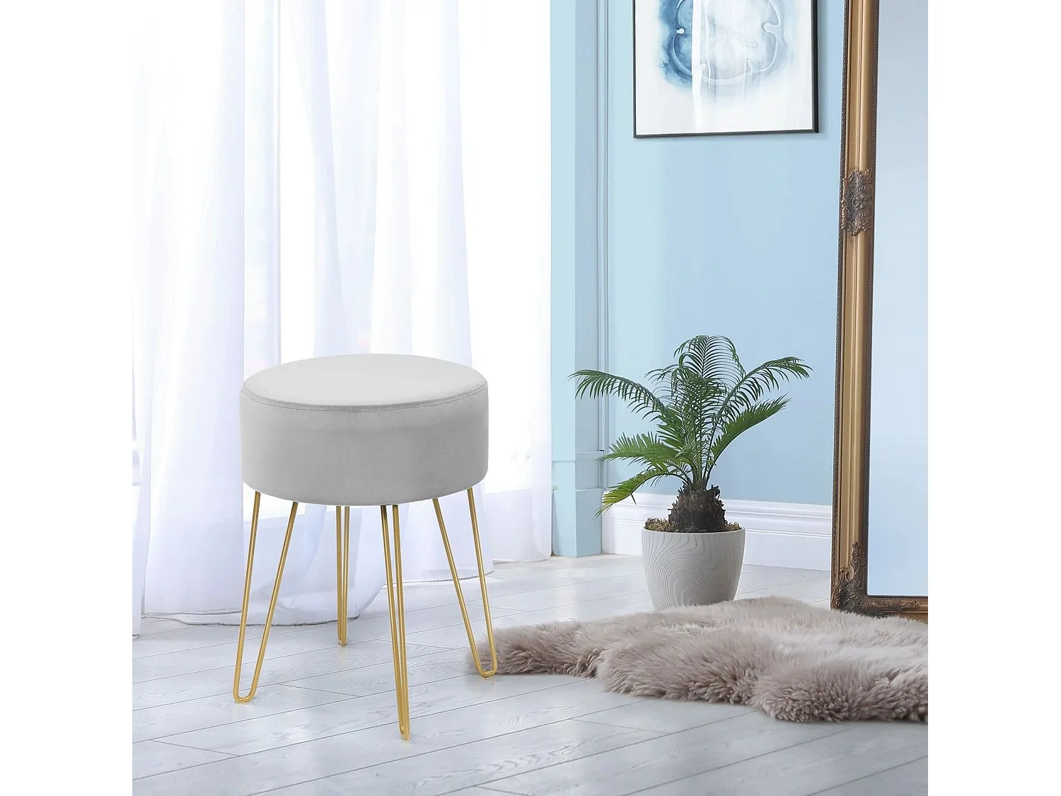 Pouf Tabouret Rond Ø39cm en Velours avec Pieds Métalliques Robustes Gris