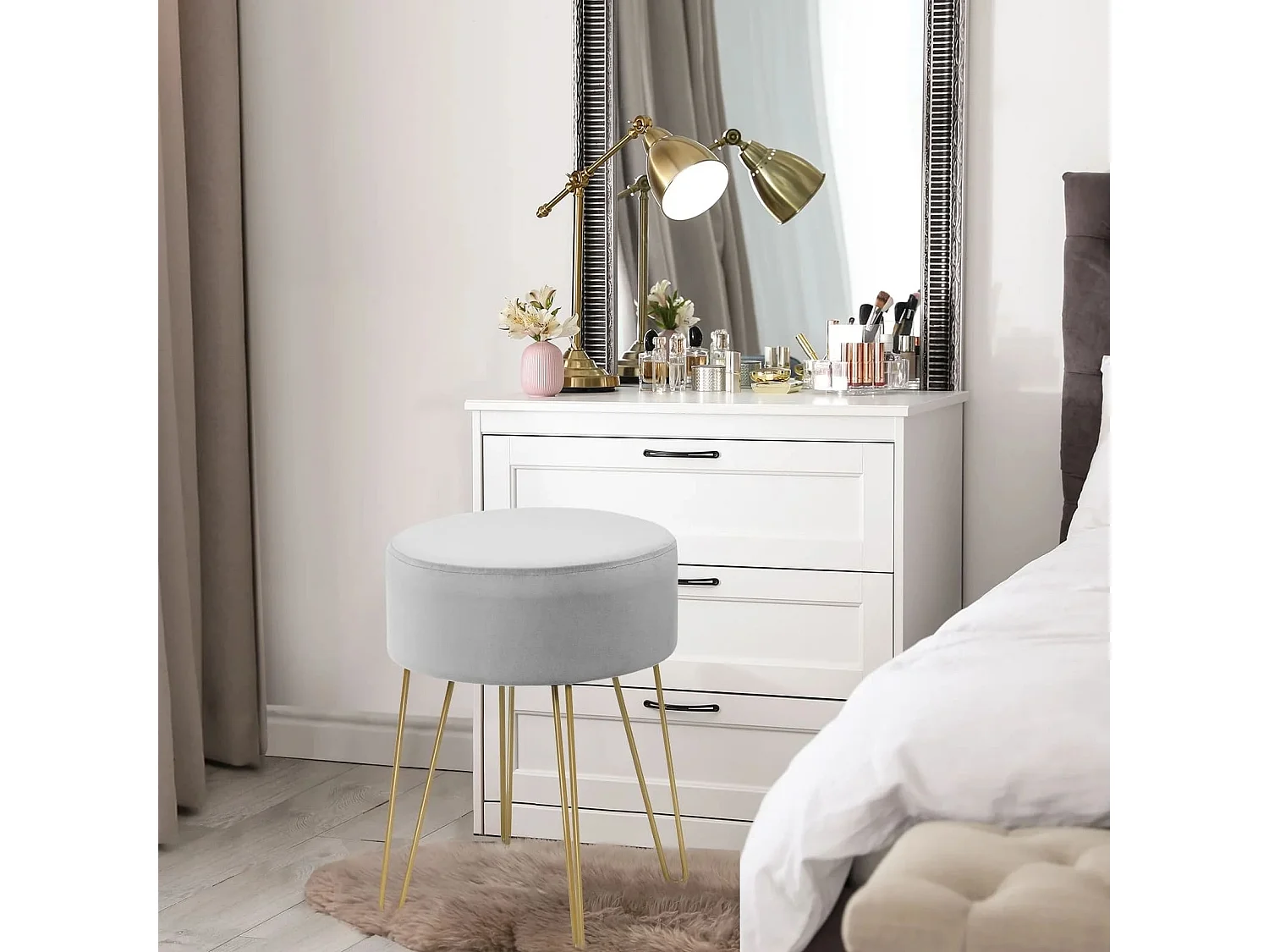 Pouf Tabouret Rond Ø39cm en Velours avec Pieds Métalliques Robustes Gris