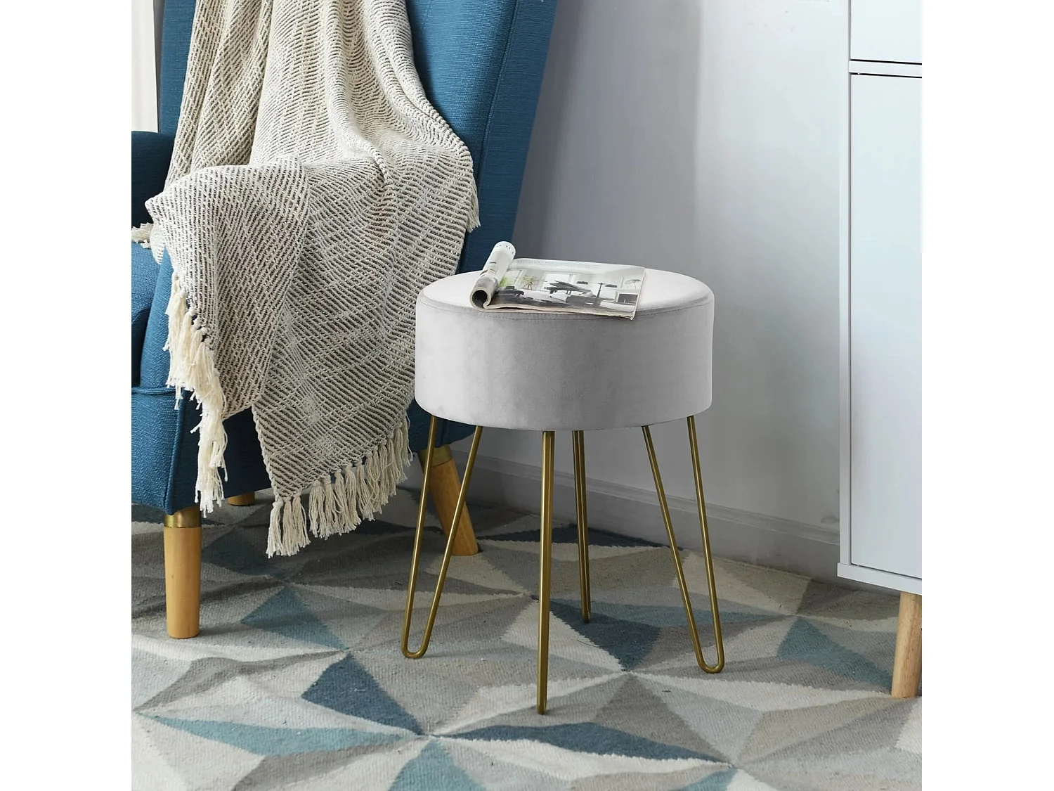 Pouf Tabouret Rond Ø39cm en Velours avec Pieds Métalliques Robustes Gris