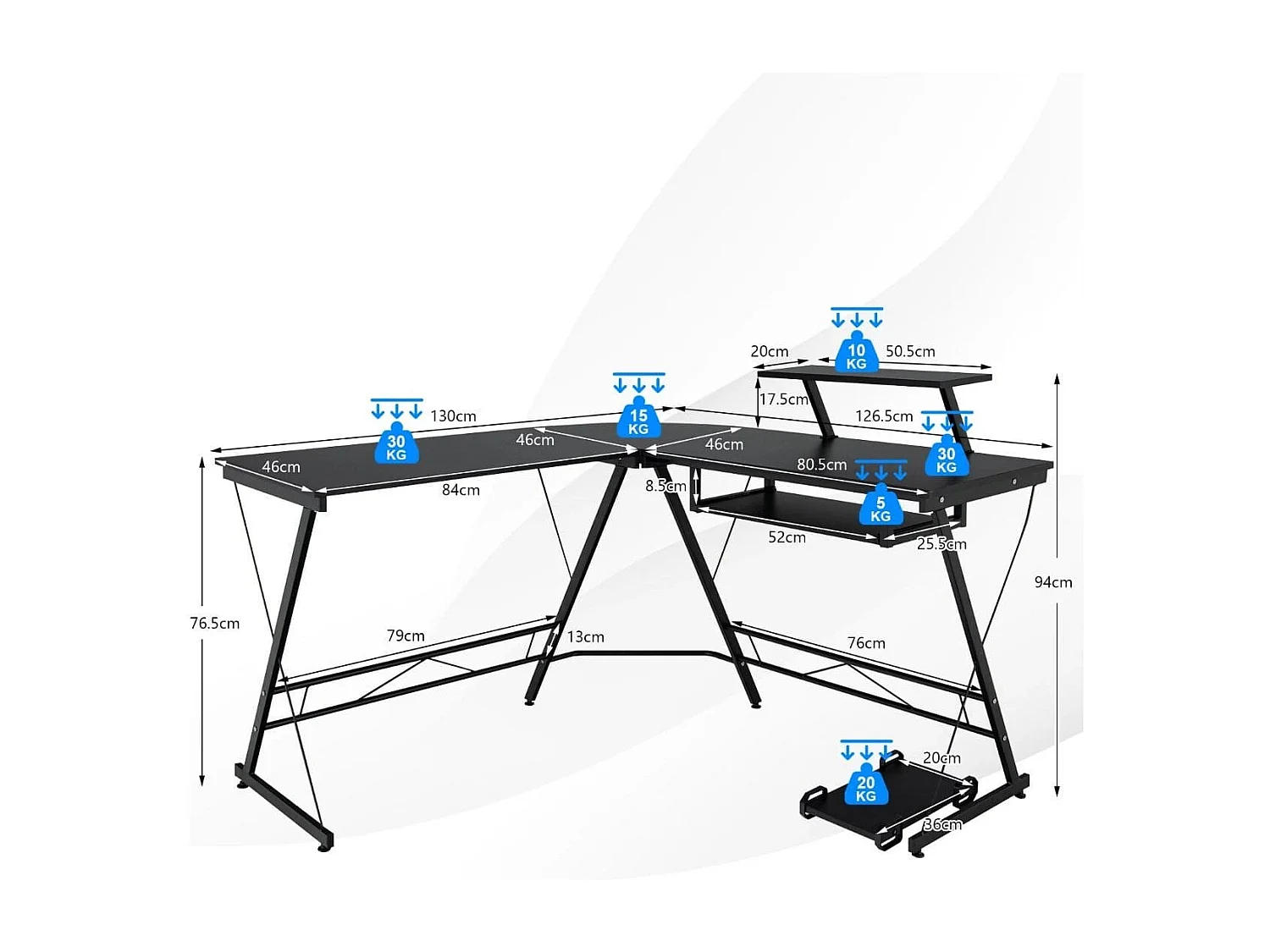 Bureau d'Angle Forme de L - 126,5x130x94 CM avec Rangement pour CPU Etagère pour Ecran et Plateau Coulissant pour Clavier
