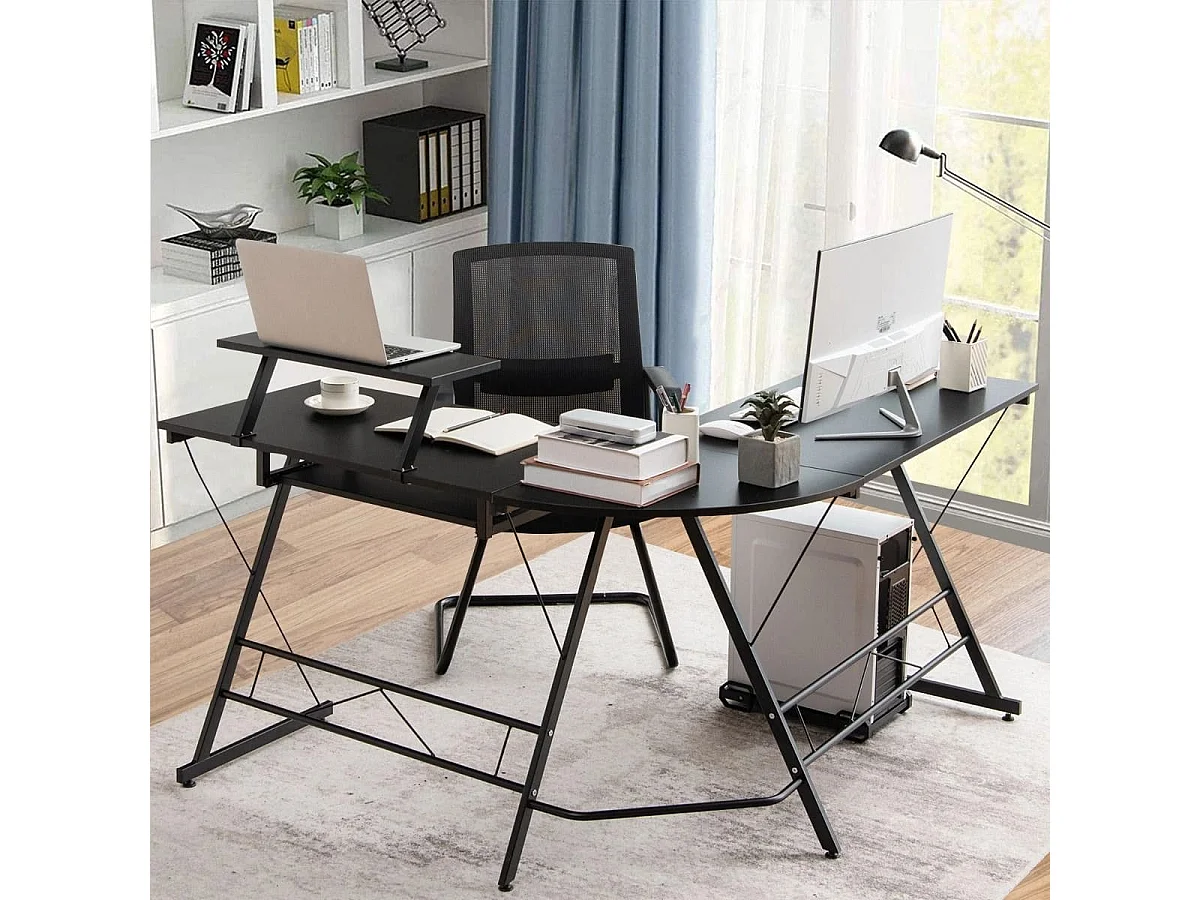 Bureau d'Angle Forme de L - 126,5x130x94 CM avec Rangement pour CPU Etagère pour Ecran et Plateau Coulissant pour Clavier