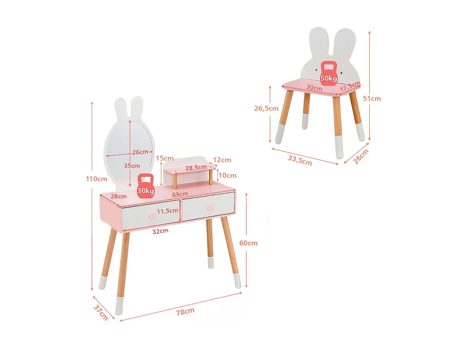 Kinder Schminktisch Set mit Kaninchen Design Schminkset mit Massivholzbeinen