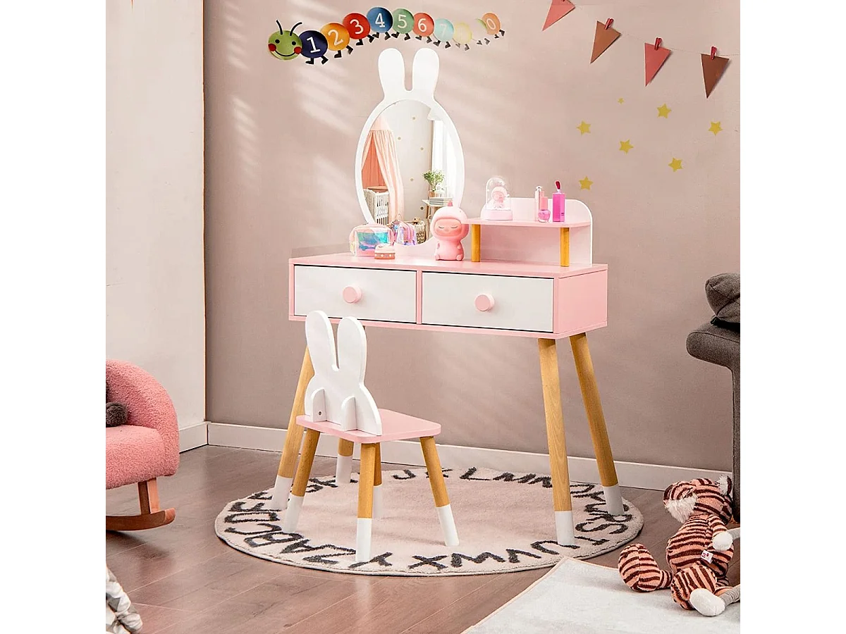 Kinder Schminktisch Set mit Kaninchen Design Schminkset mit Massivholzbeinen