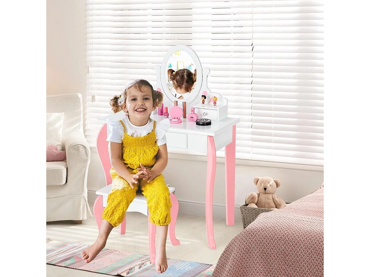 Kinder Schminktisch mit Hocker Prinzessin Frisiertisch mit 3 Schublade & Spiegel Weiß