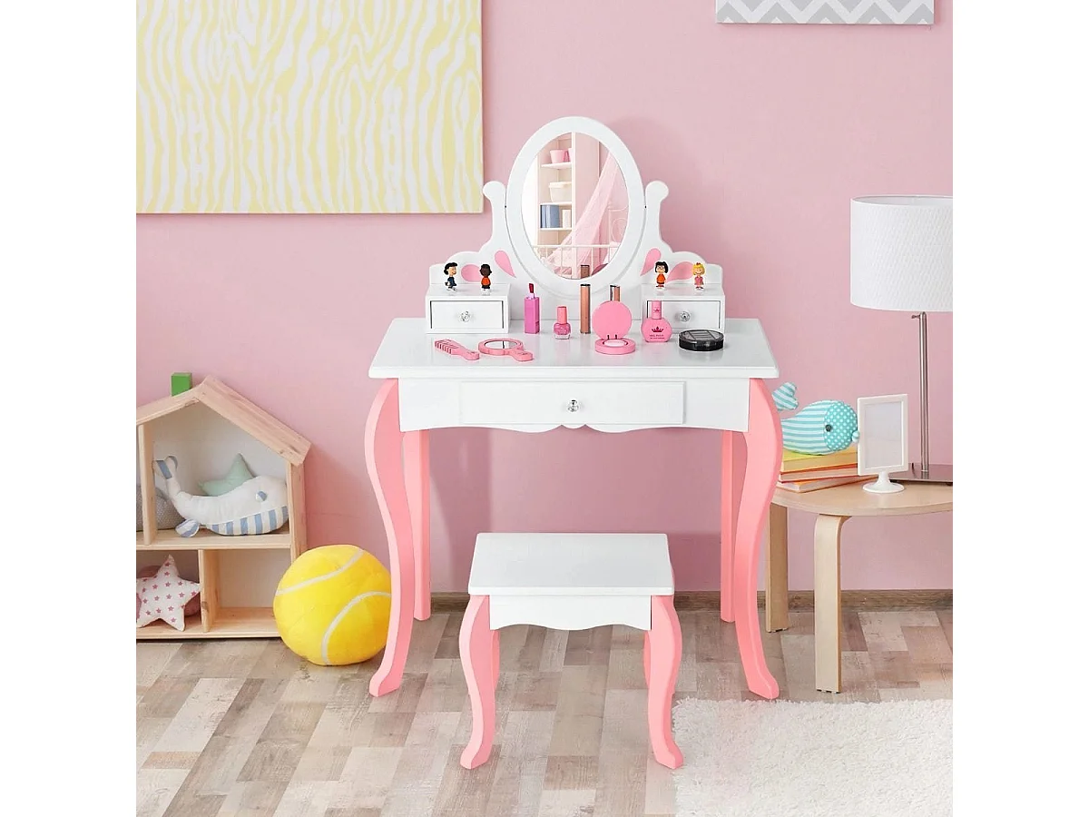 Kinder Schminktisch mit Hocker Prinzessin Frisiertisch mit 3 Schublade & Spiegel Weiß