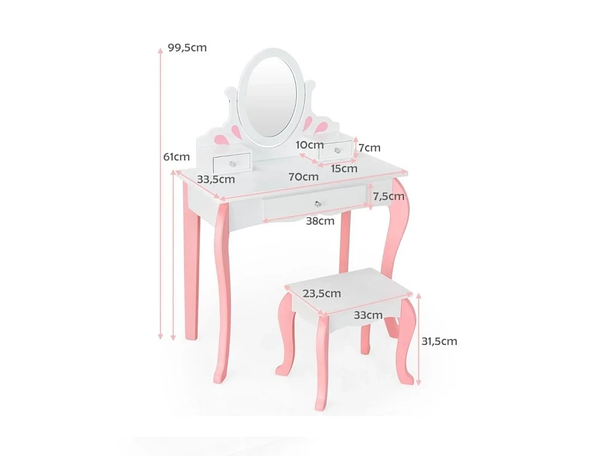 Kinder Schminktisch mit Hocker Prinzessin Frisiertisch mit 3 Schublade & Spiegel Weiß