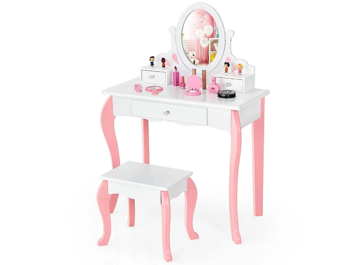 Kinder Schminktisch mit Hocker Prinzessin Frisiertisch mit 3 Schublade & Spiegel Weiß