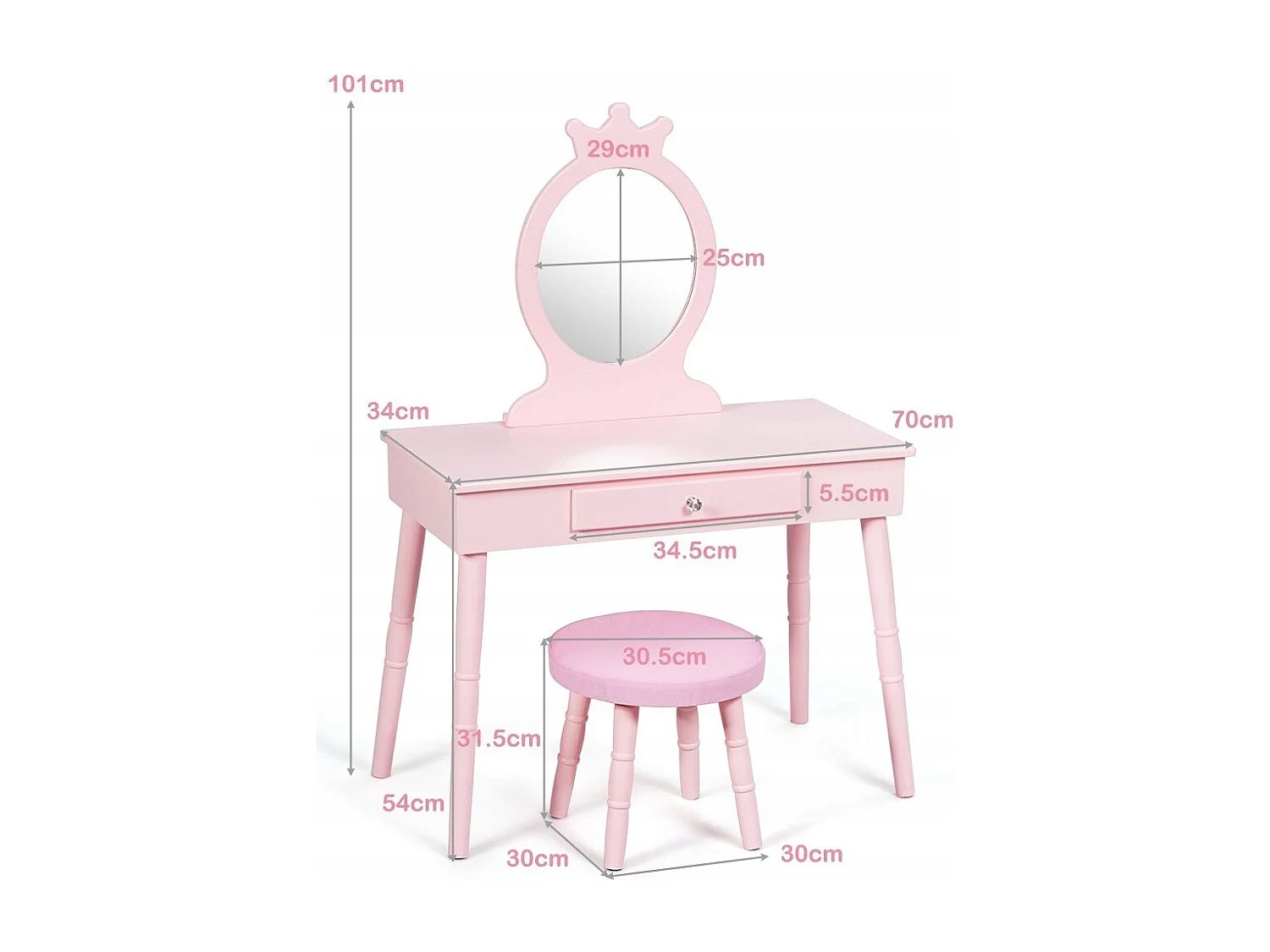 Toeletta con specchio per bambini, Set tavolo e sedia toeletta con cassetti e sgabello imbottito Rosa