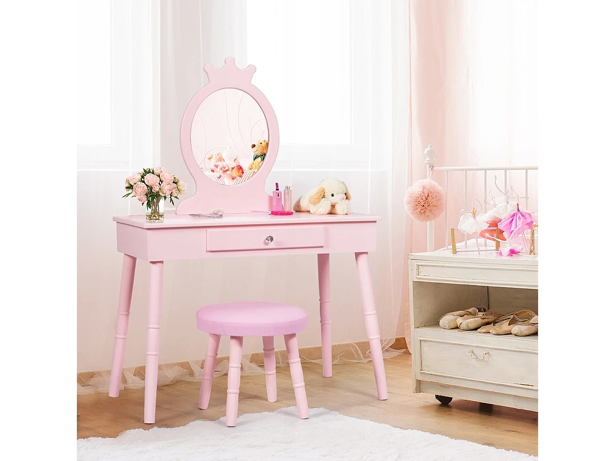 Toeletta con specchio per bambini, Set tavolo e sedia toeletta con cassetti e sgabello imbottito Rosa