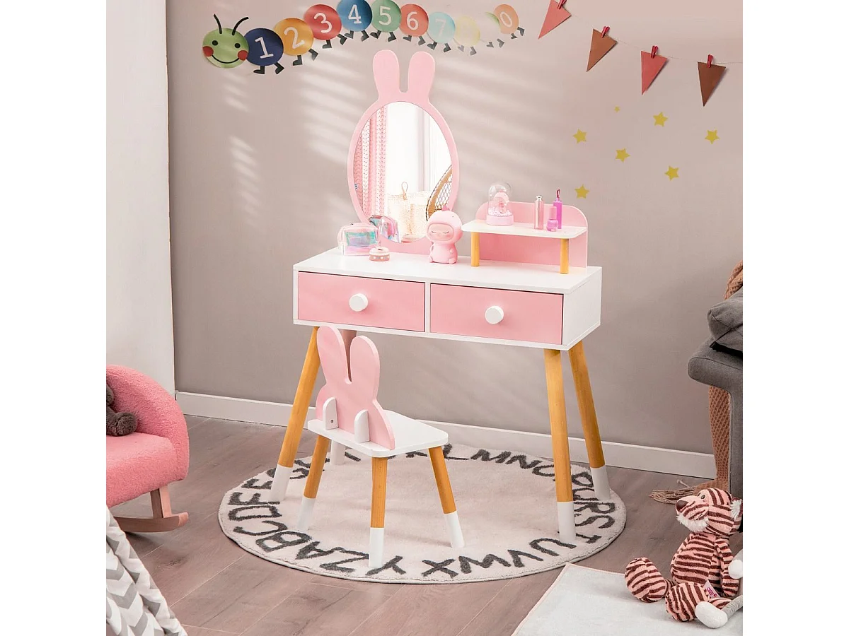 2 in 1 Kinder Schminktisch & Stuhl-Set mit Spiegel & 2 Schubladen & Aufbewahrungsregal Rosa
