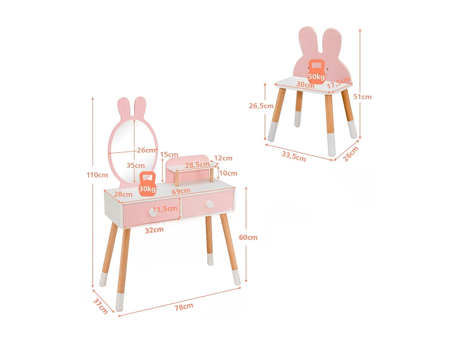 2 in 1 Kinder Schminktisch & Stuhl-Set mit Spiegel & 2 Schubladen & Aufbewahrungsregal Rosa