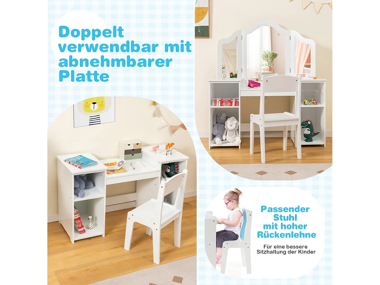 Schminktisch- & Stuhl-Set für Kinder 2-in-1-Prinzessinnen-Schminkset Weiß