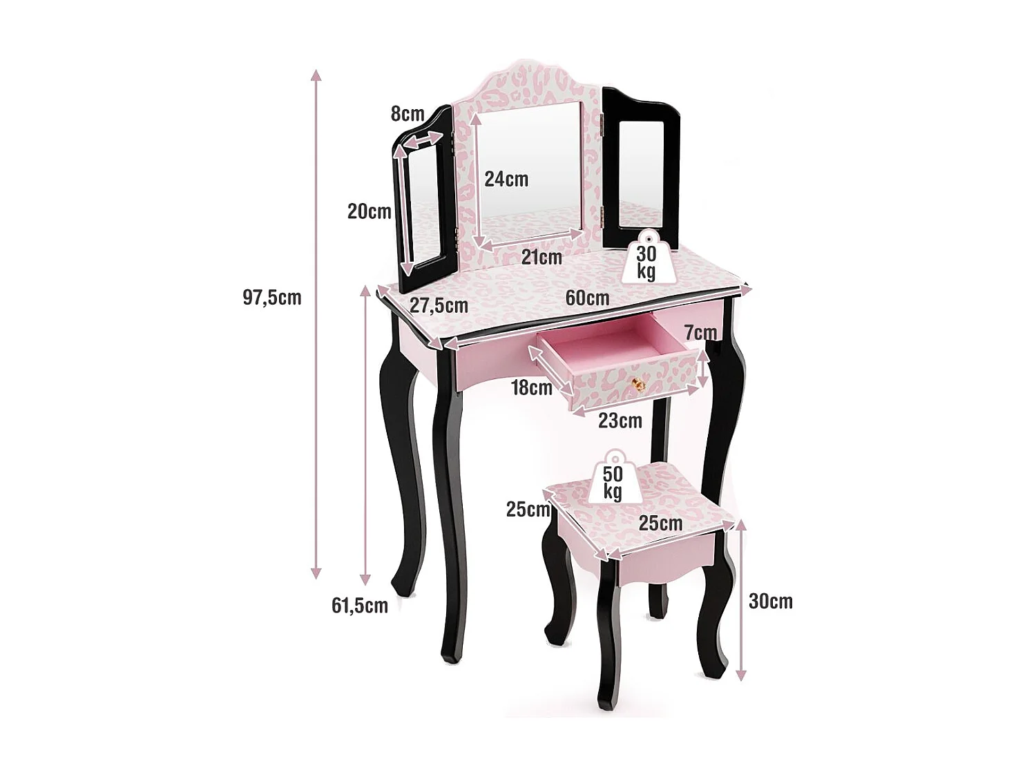 Kinder Schminktisch mit Hocker & dreifach klappbarem Spiegel & Schublade Leopard