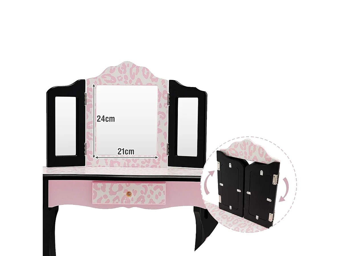 Kinder Schminktisch mit Hocker & dreifach klappbarem Spiegel & Schublade Leopard