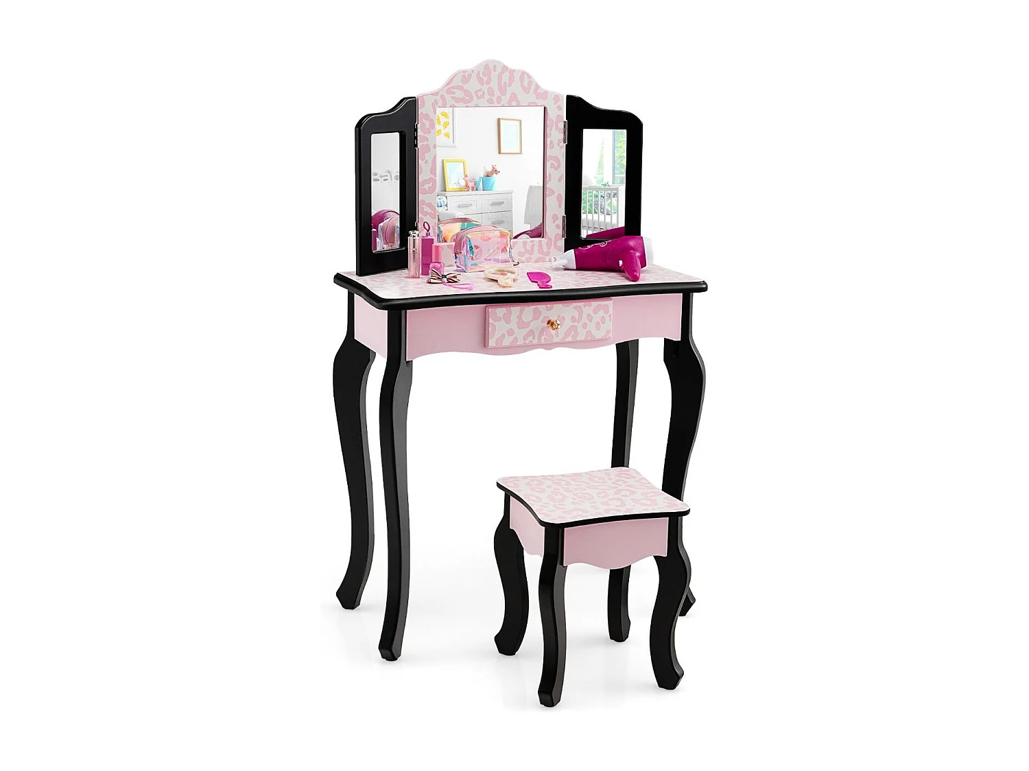 Kinder Schminktisch mit Hocker & dreifach klappbarem Spiegel & Schublade Leopard