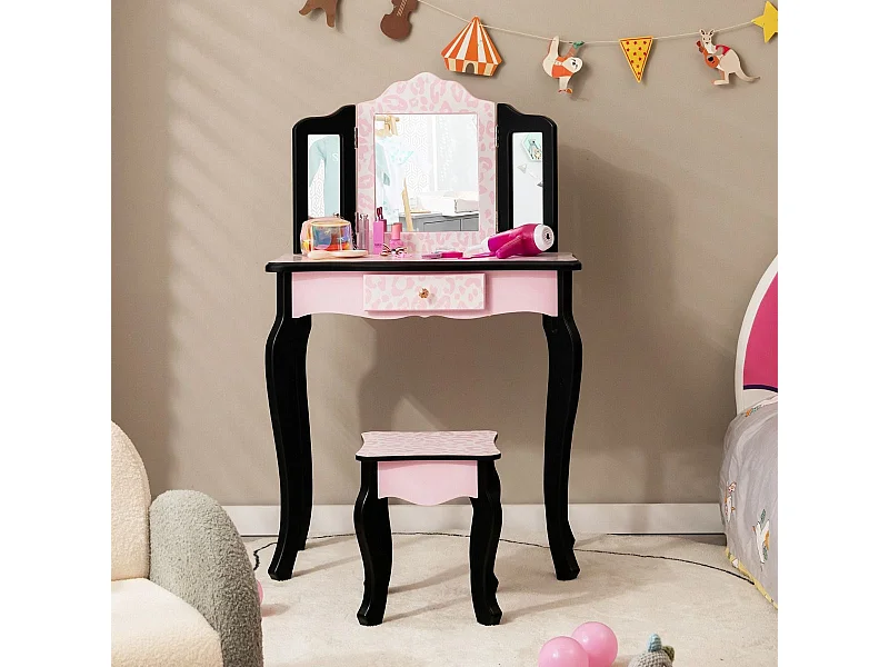 Kinder Schminktisch mit Hocker & dreifach klappbarem Spiegel & Schublade Leopard