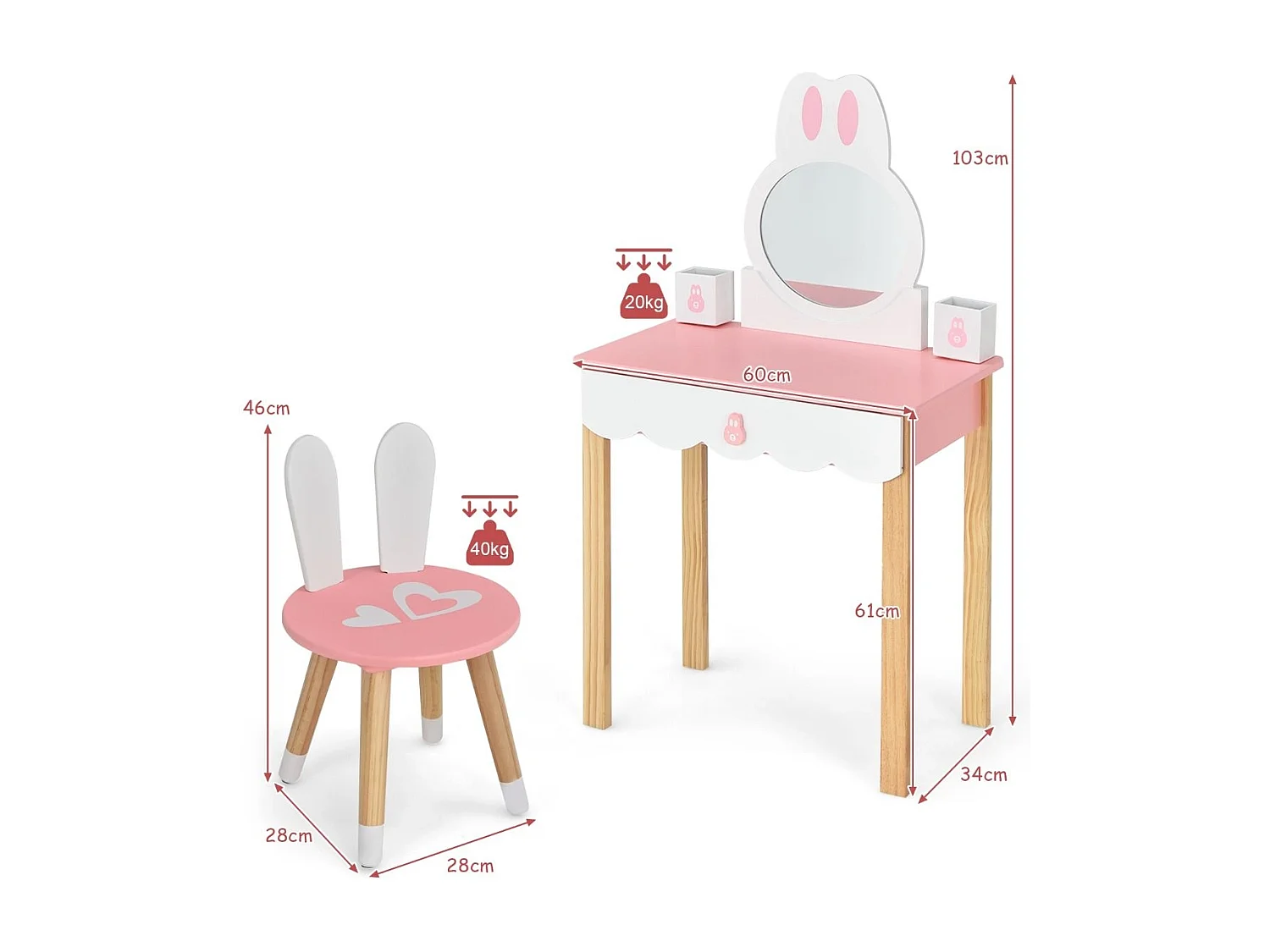 Set tavolo toeletta con specchio e cassetti per bambini, Tavolo da trucco con sedia e scatole 60x34x103cm Rosa