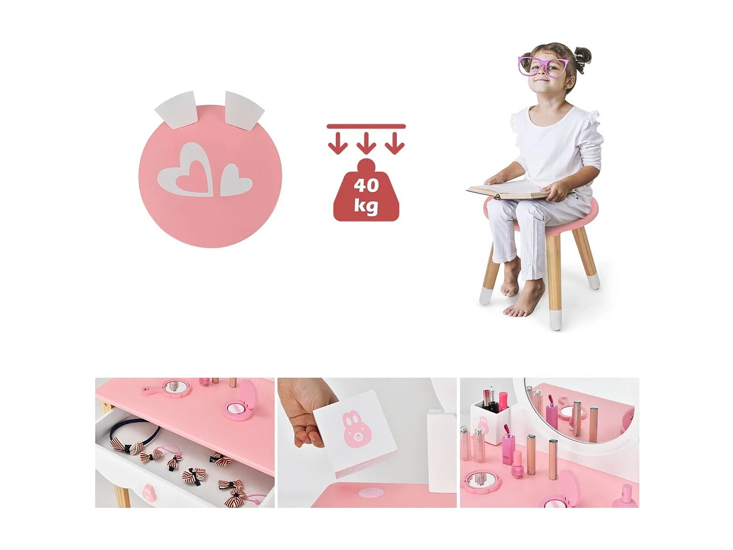 Set tavolo toeletta con specchio e cassetti per bambini, Tavolo da trucco con sedia e scatole 60x34x103cm Rosa