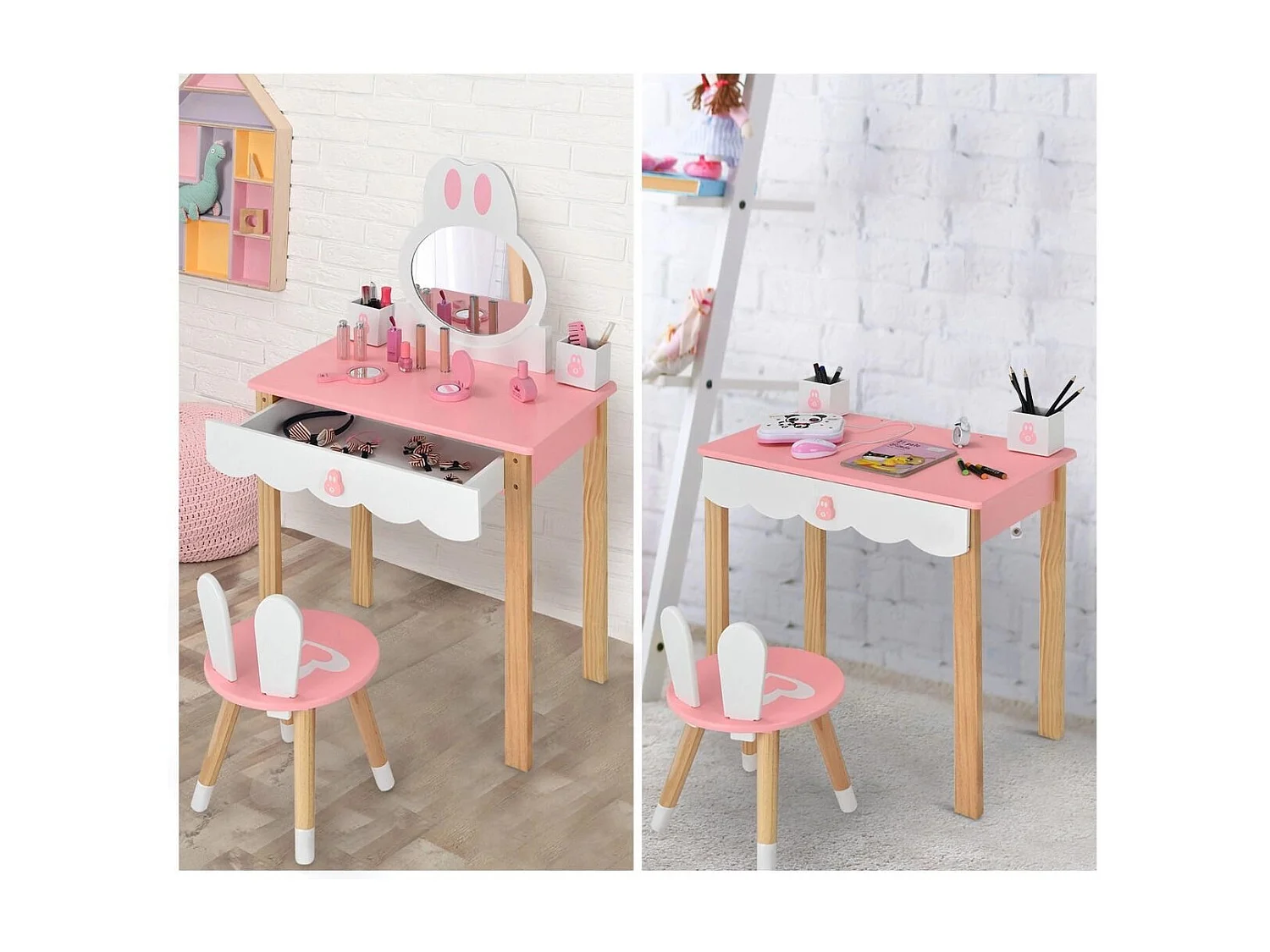 Set tavolo toeletta con specchio e cassetti per bambini, Tavolo da trucco con sedia e scatole 60x34x103cm Rosa