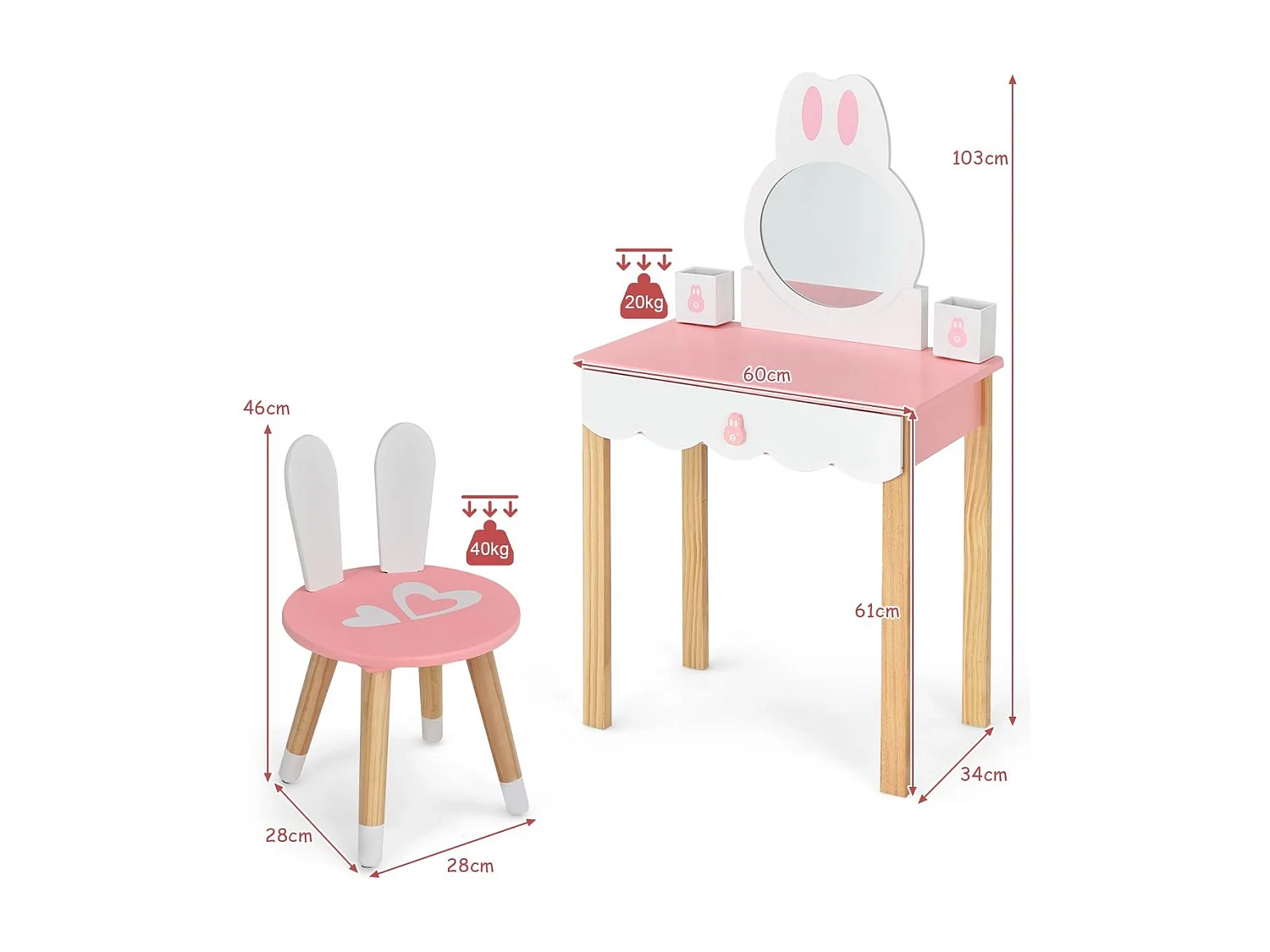 Kinder Schminktisch mit Hocker Prinzessin Schminkkommode 60 x 34 x 103 cm Rosa + Weiß