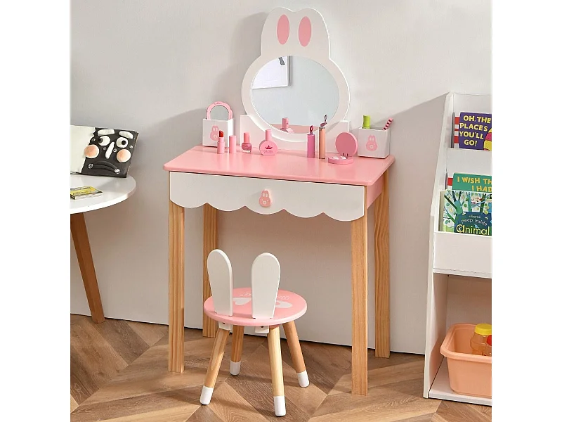 Kinder Schminktisch mit Hocker Prinzessin Schminkkommode 60 x 34 x 103 cm Rosa + Weiß