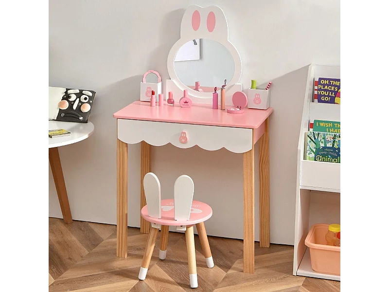Kinder Schminktisch mit Hocker Prinzessin Schminkkommode 60 x 34 x 103 cm Rosa + Weiß